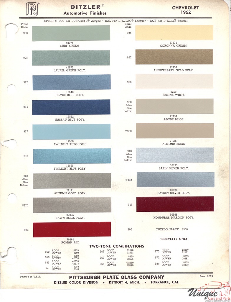 1962 Chev Paint Charts PPG 1